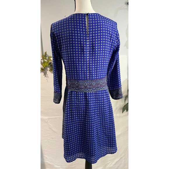 Vintage-Inspired Blue Silk Dress With Paisley &Geometric Print 3/4 Sleeves Sz XS - Picture 5 of 16